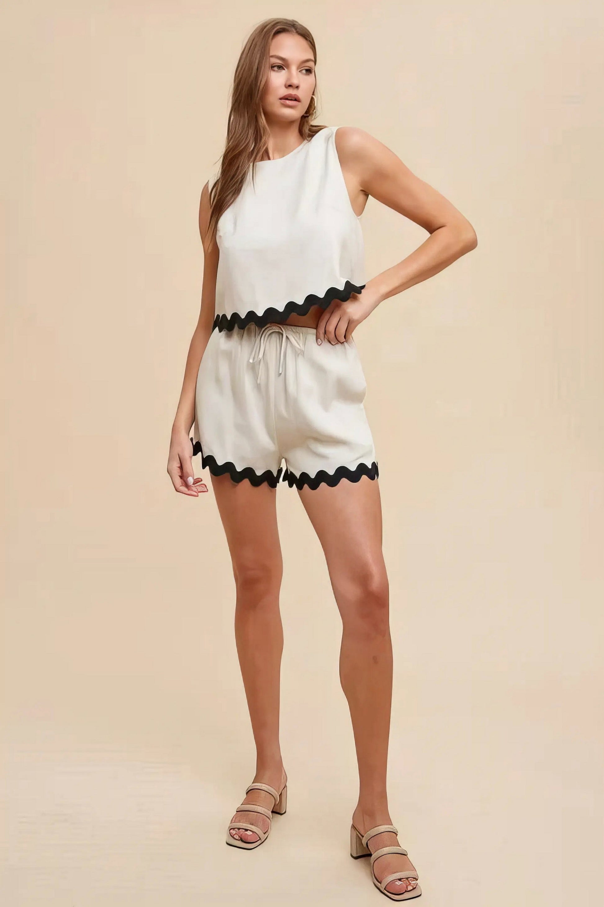 Ric rac trim detailed top and shorts set, women's playful two-piece outfit, cute ric rac trim, comfortable viscose linen blend, frill details, contrast stitching, drawstring shorts, slightly stretchy fabric, perfect for casual gatherings