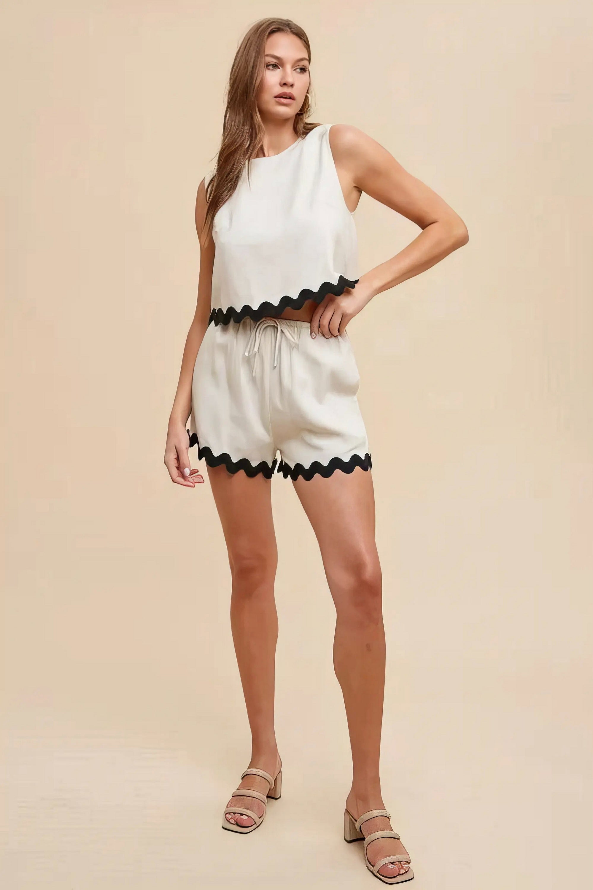 Ric rac trim detailed top and shorts set, women's playful two-piece outfit, cute ric rac trim, comfortable viscose linen blend, frill details, contrast stitching, drawstring shorts, slightly stretchy fabric, perfect for casual gatherings