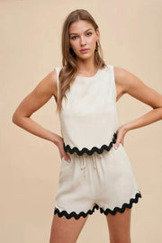 Ric rac trim detailed top and shorts set, women's playful two-piece outfit, cute ric rac trim, comfortable viscose linen blend, frill details, contrast stitching, drawstring shorts, slightly stretchy fabric, perfect for casual gatherings
