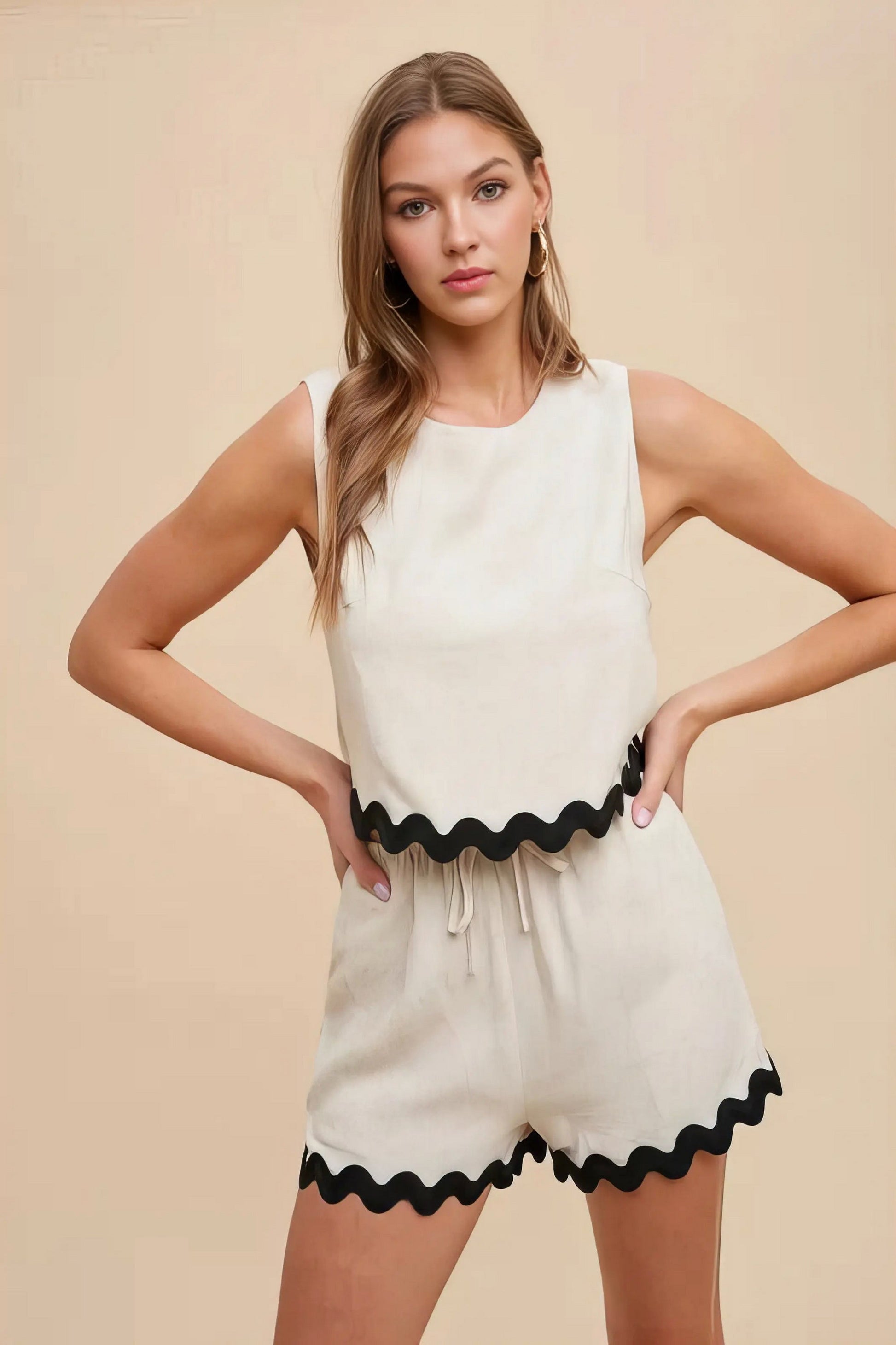 Ric rac trim detailed top and shorts set, women's playful two-piece outfit, cute ric rac trim, comfortable viscose linen blend, frill details, contrast stitching, drawstring shorts, slightly stretchy fabric, perfect for casual gatherings
