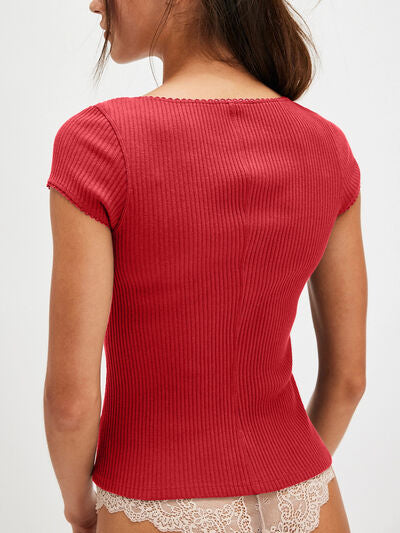 Lovelet Round Neck Button Up Short Sleeve Top.