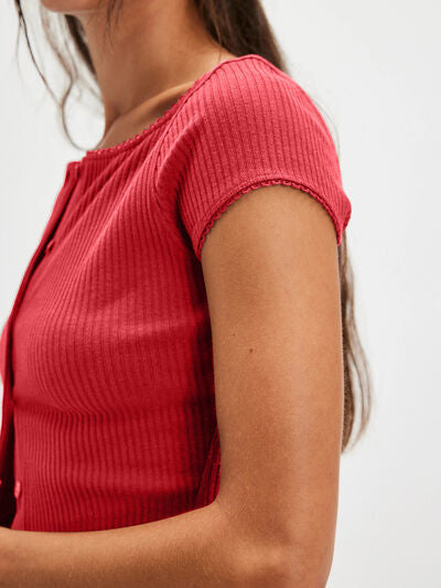 Lovelet Round Neck Button Up Short Sleeve Top.