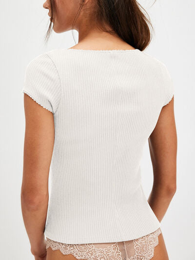 Lovelet Round Neck Button Up Short Sleeve Top.