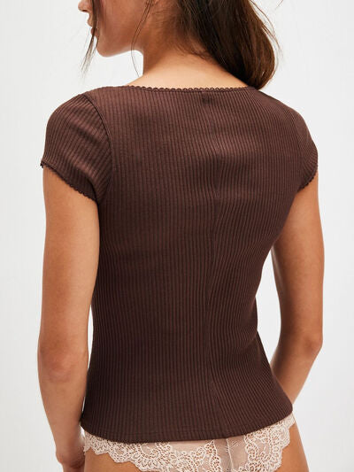 Lovelet Round Neck Button Up Short Sleeve Top.