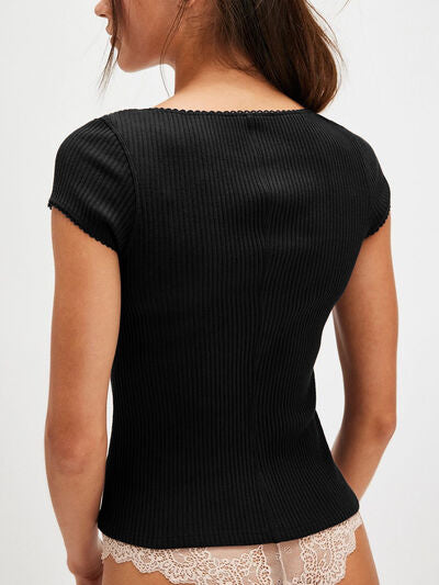 Lovelet Round Neck Button Up Short Sleeve Top.