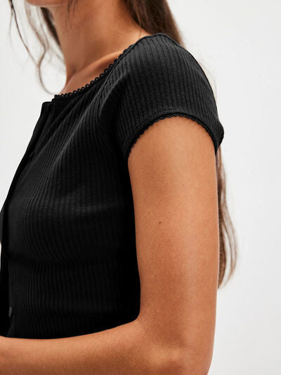 Lovelet Round Neck Button Up Short Sleeve Top.