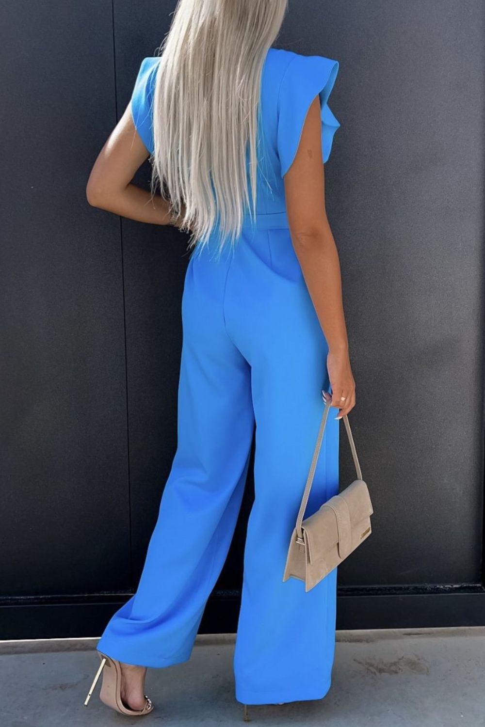 Round Neck Cap Sleeve Jumpsuit with Tie.