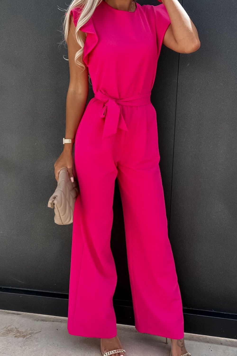 Round Neck Cap Sleeve Jumpsuit with Tie.