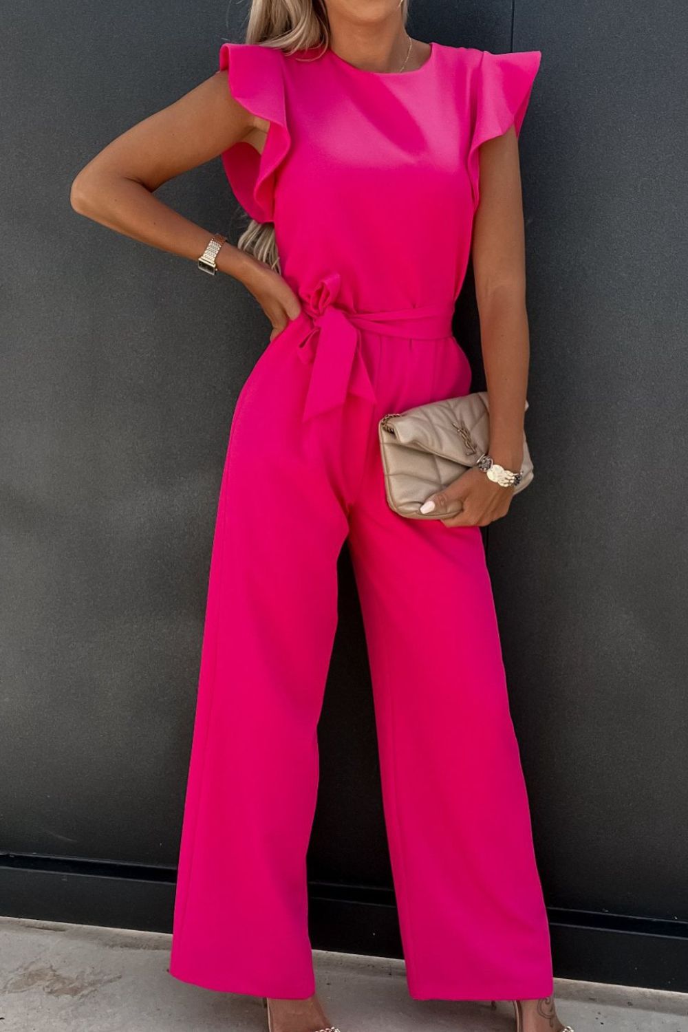 Round Neck Cap Sleeve Jumpsuit with Tie.