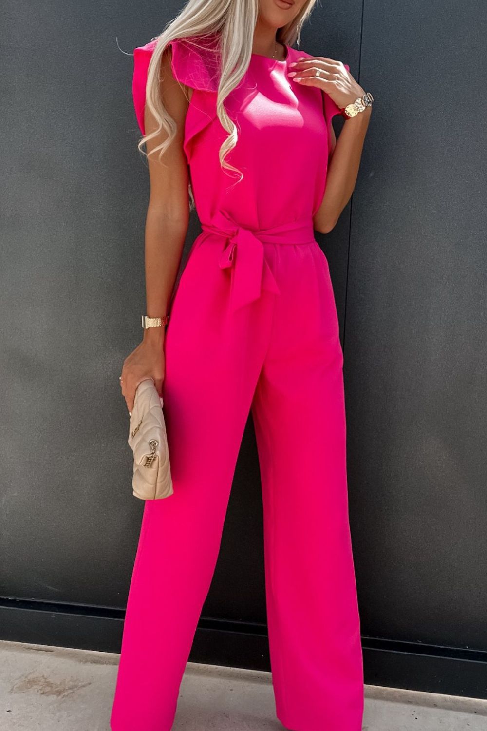 Round Neck Cap Sleeve Jumpsuit with Tie.