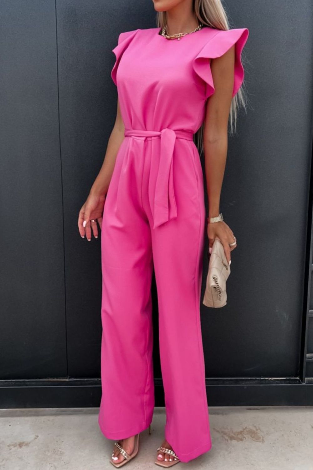 Round Neck Cap Sleeve Jumpsuit with Tie.