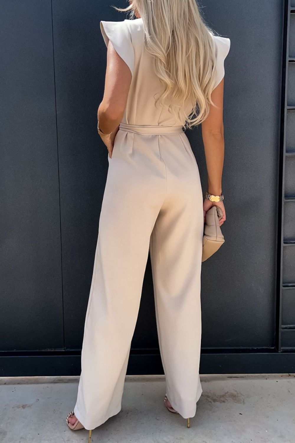 Round Neck Cap Sleeve Jumpsuit with Tie.