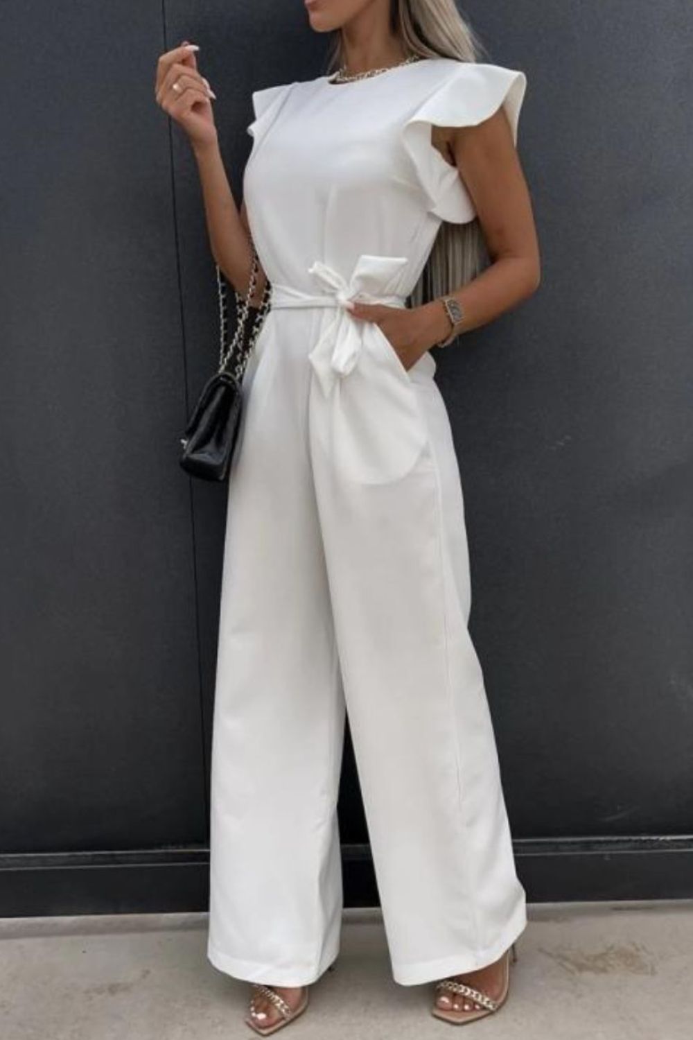 Round Neck Cap Sleeve Jumpsuit with Tie.