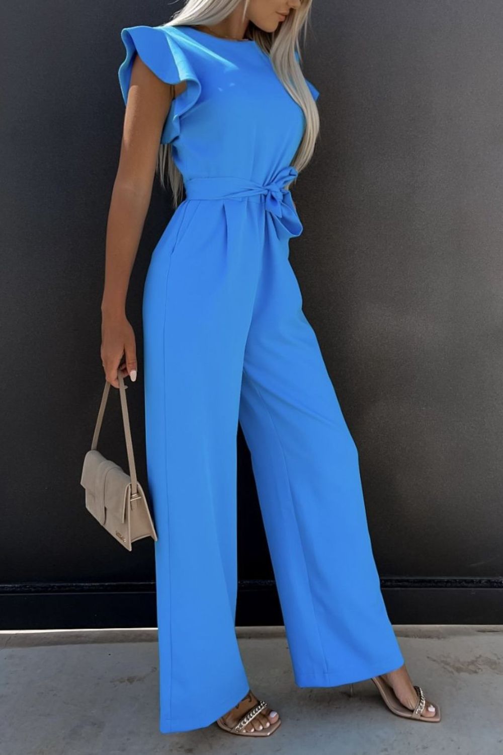 Round Neck Cap Sleeve Jumpsuit with Tie.