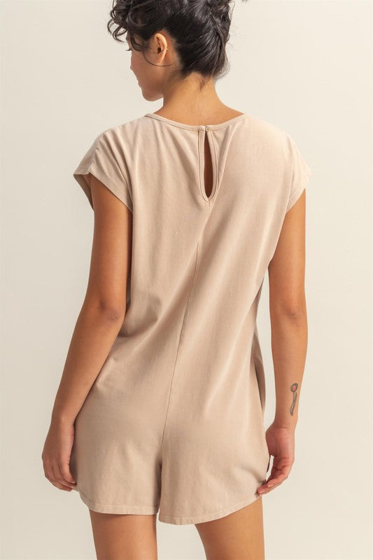Round Neck Cap Sleeve Relaxed Fit Breezy Romper with Pockets.