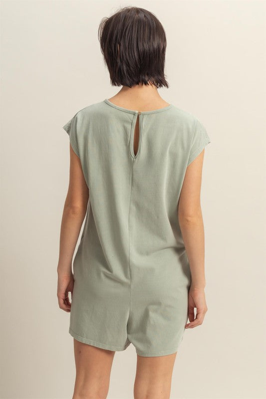 Round Neck Cap Sleeve Relaxed Fit Breezy Romper with Pockets.