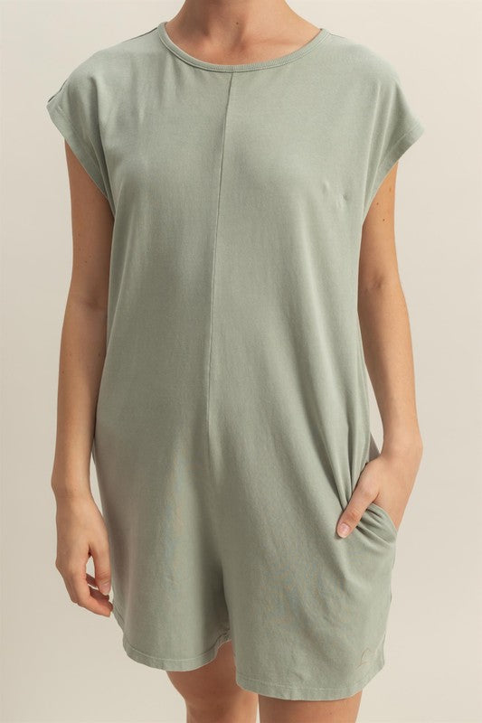 Round Neck Cap Sleeve Relaxed Fit Breezy Romper with Pockets.