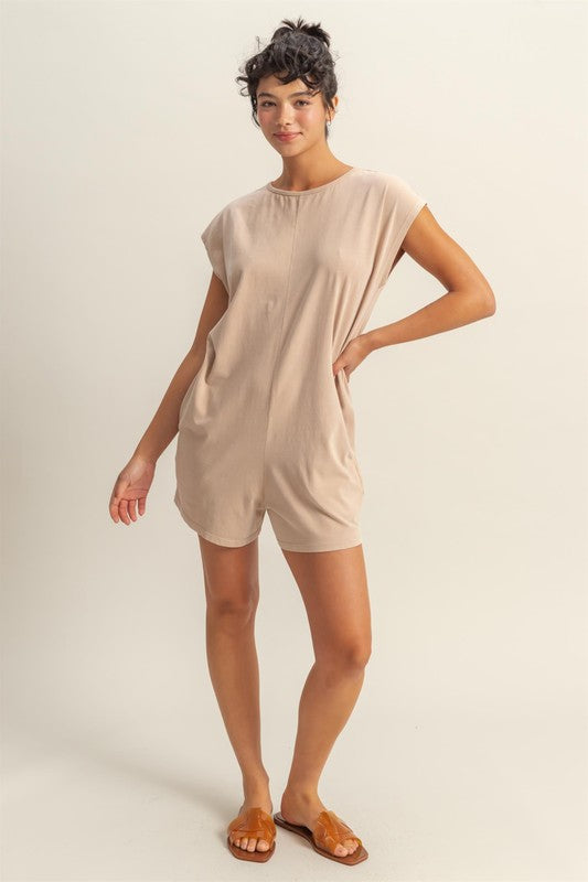 Round Neck Cap Sleeve Relaxed Fit Breezy Romper with Pockets.