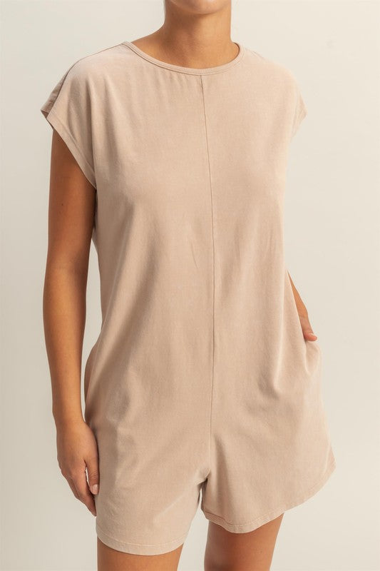 Round Neck Cap Sleeve Relaxed Fit Breezy Romper with Pockets.