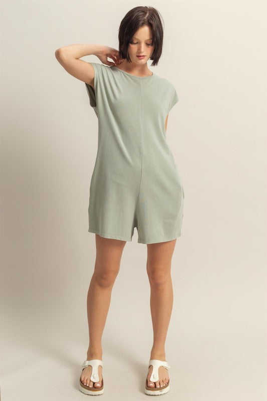 Round Neck Cap Sleeve Relaxed Fit Breezy Romper with Pockets.