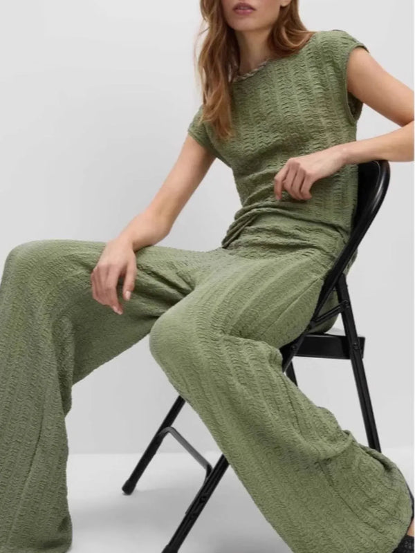 Round Neck Cap Sleeve Top and Pants Set.