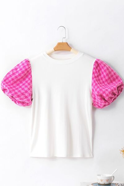 Round Neck Contrast Tweed Puff Sleeve Top.