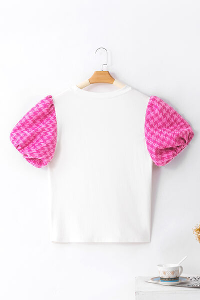 Round Neck Contrast Tweed Puff Sleeve Top.