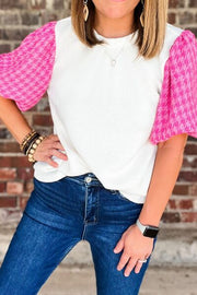 Round Neck Contrast Tweed Puff Sleeve Top.