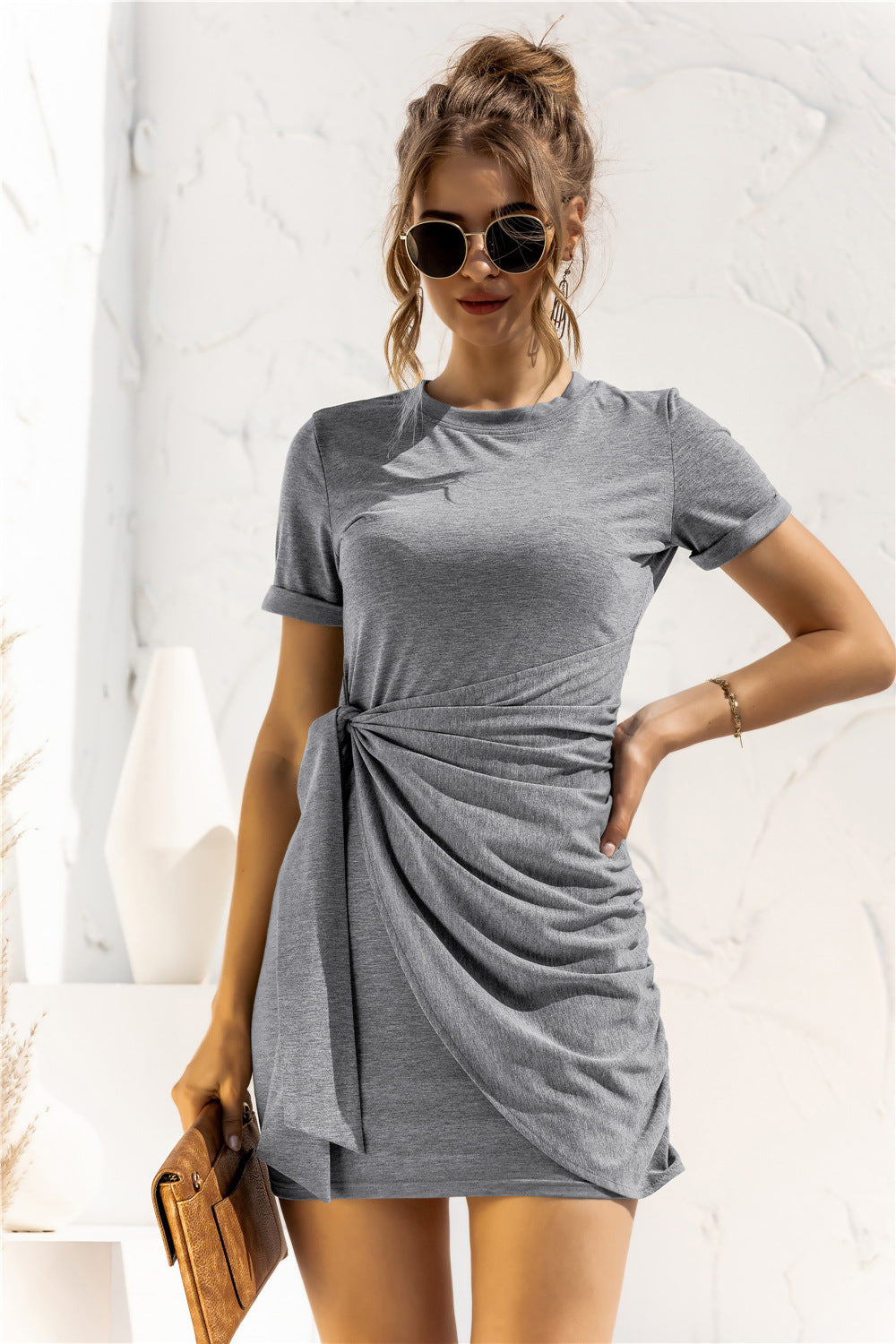 Round Neck Cuffed Sleeve Side Tie Dress.