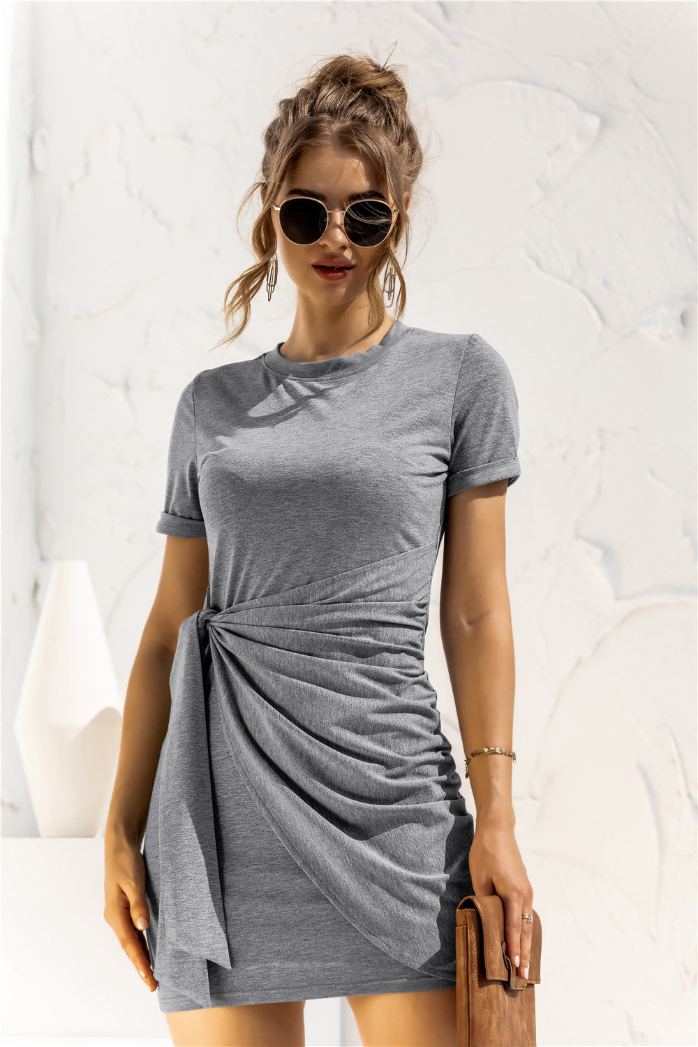 Round Neck Cuffed Sleeve Side Tie Dress.