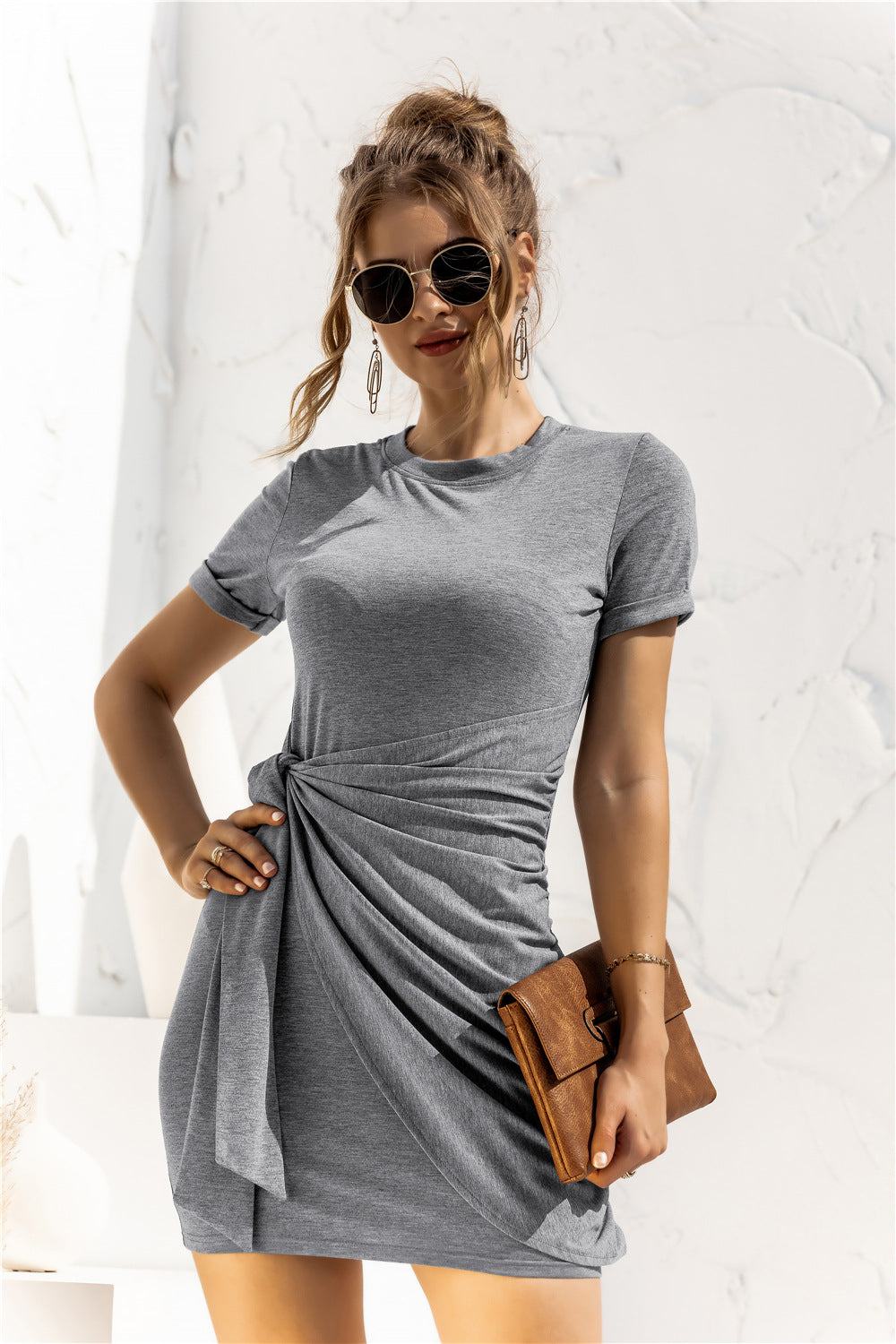 Round Neck Cuffed Sleeve Side Tie Dress.