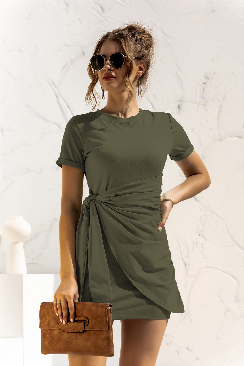 Round Neck Cuffed Sleeve Side Tie Dress.