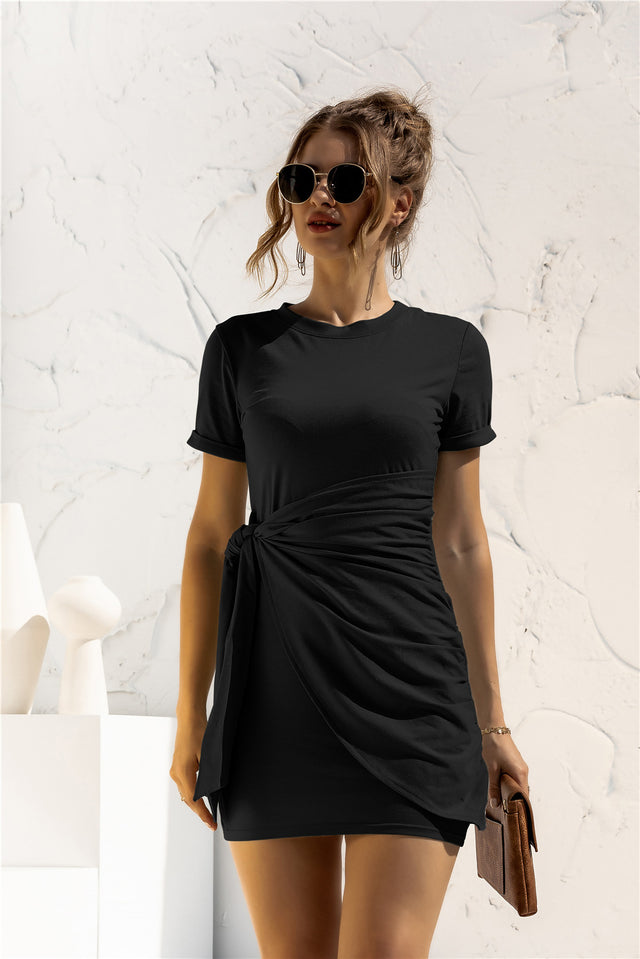 Round Neck Cuffed Sleeve Side Tie Dress.
