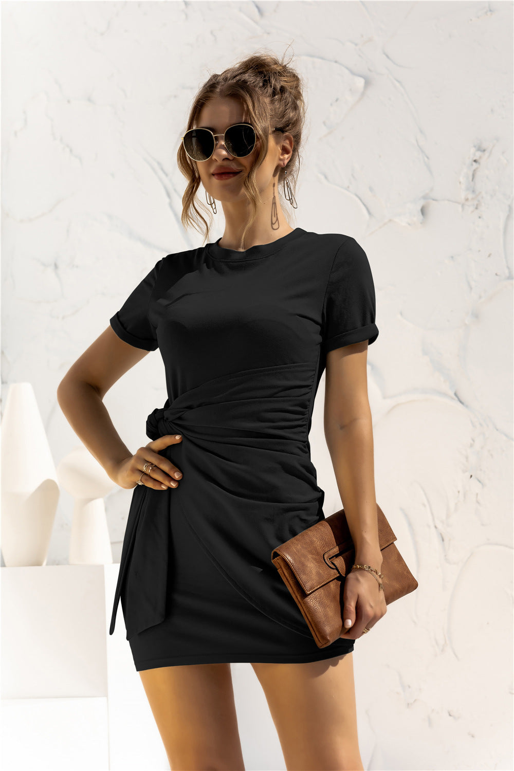 Round Neck Cuffed Sleeve Side Tie Dress.