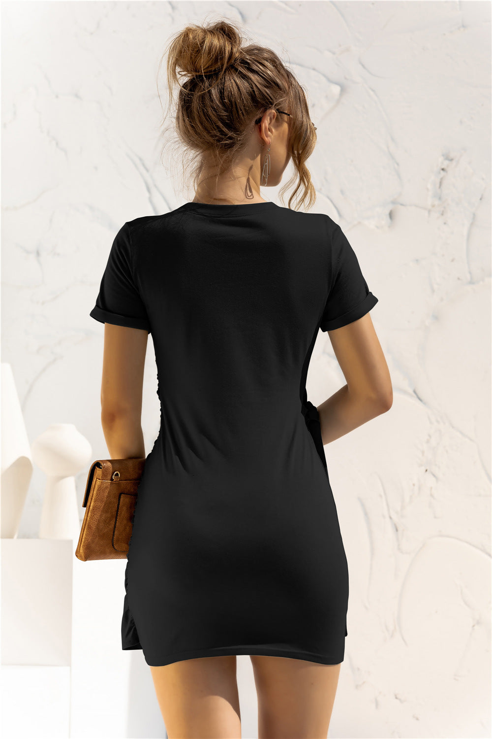 Round Neck Cuffed Sleeve Side Tie Dress.
