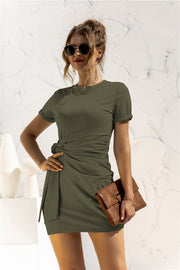 Round Neck Cuffed Sleeve Side Tie Dress.