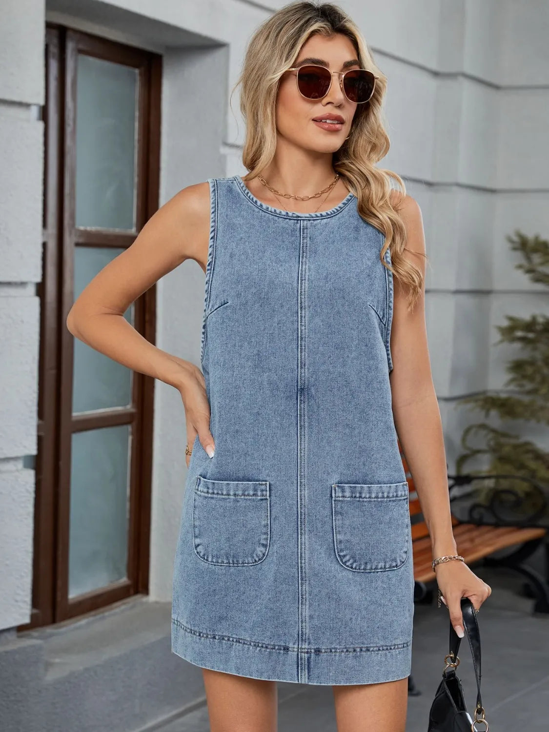 Round Neck Denim Overall Dress.