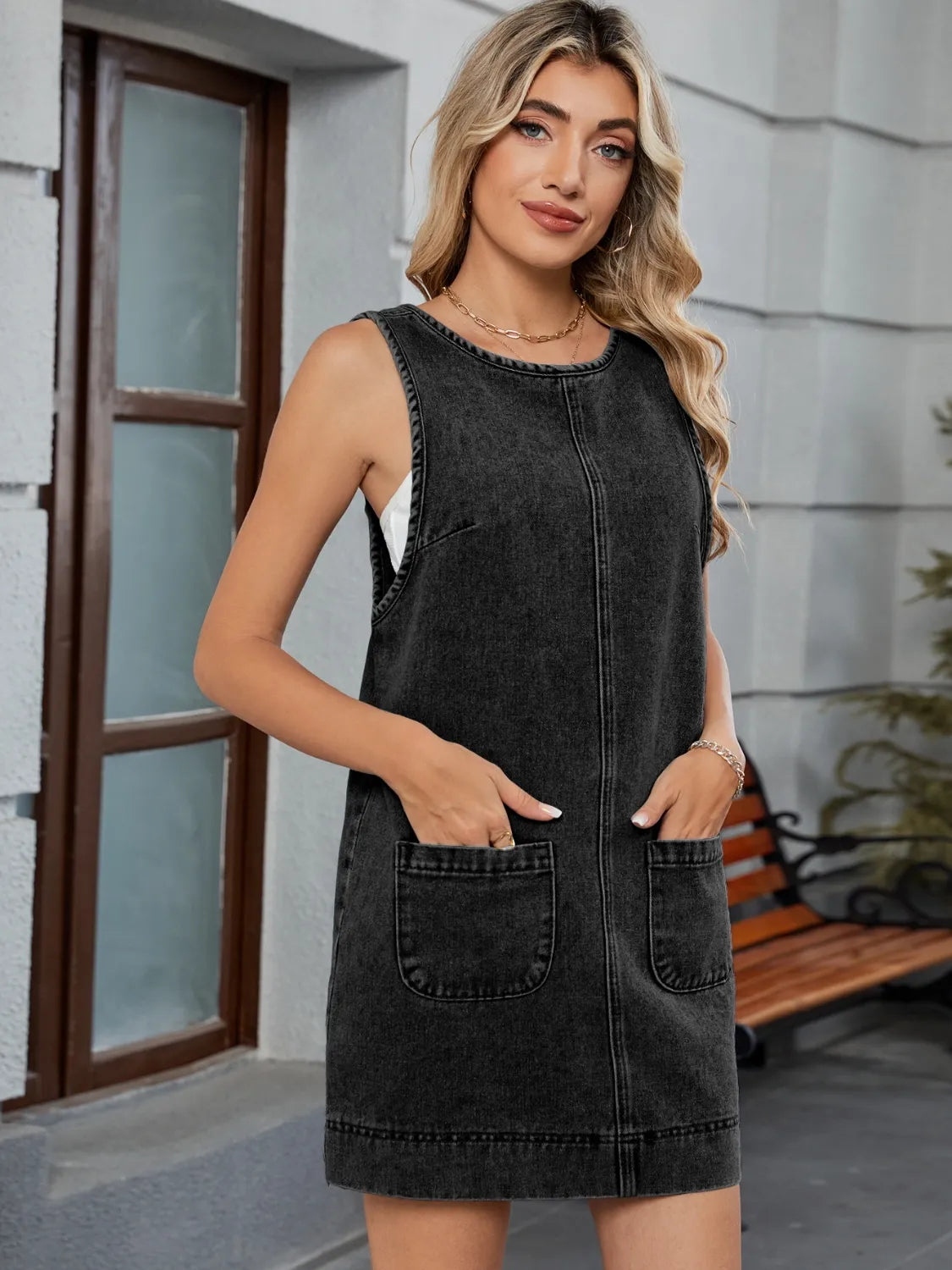 Round Neck Denim Overall Dress.