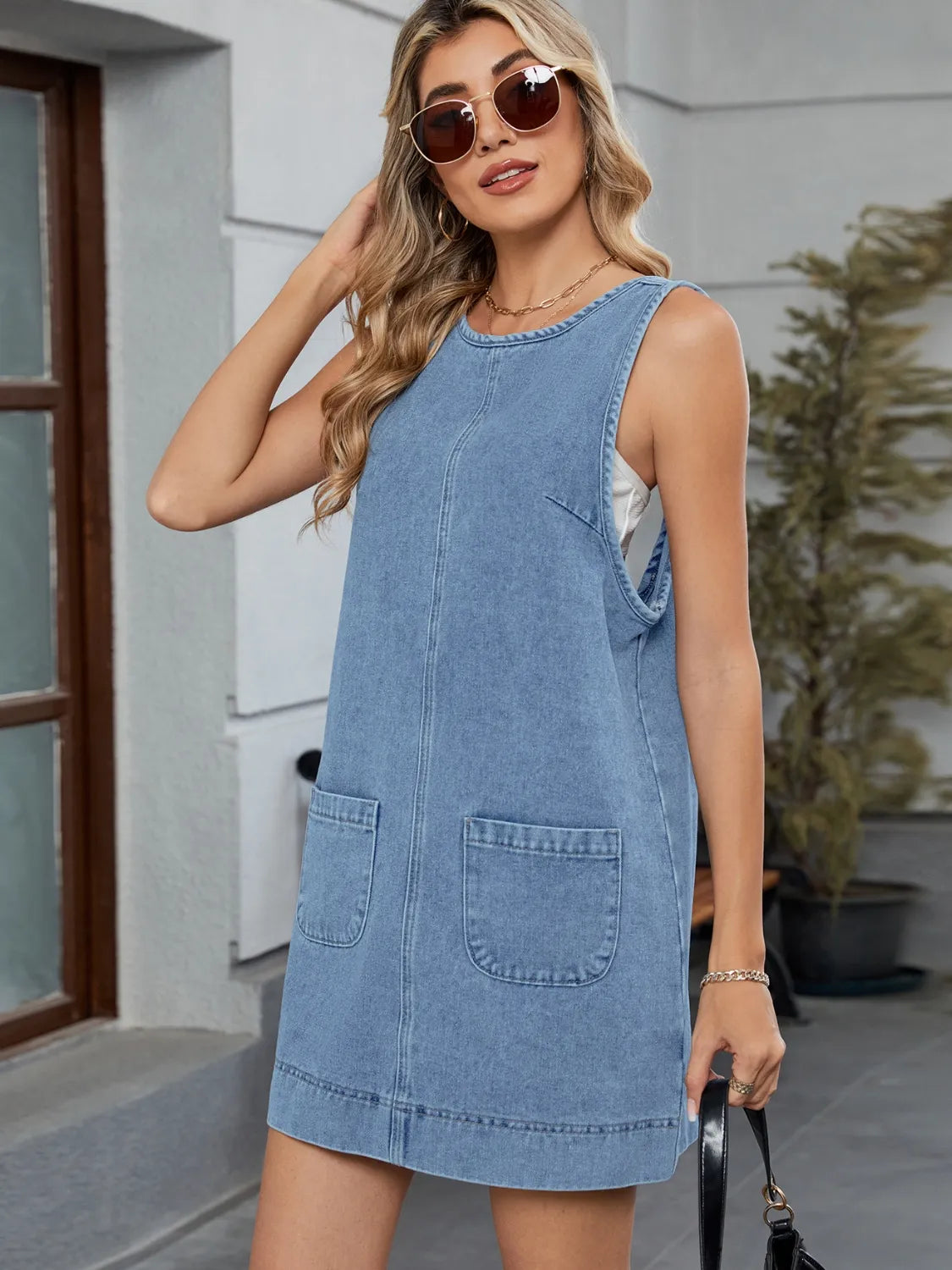 Round Neck Denim Overall Dress.