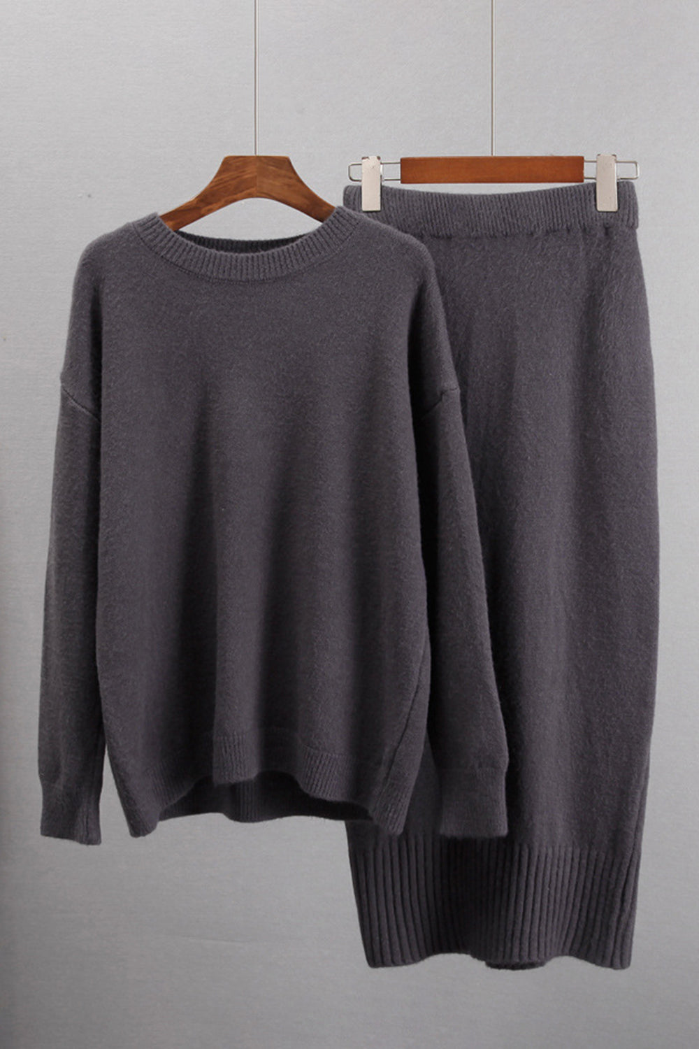 Round Neck Dropped Shoulder Top and Skirt Sweater Set.