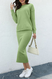 Round Neck Dropped Shoulder Top and Skirt Sweater Set.