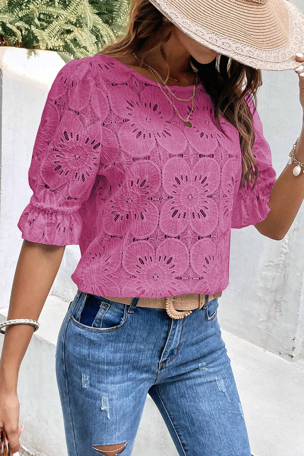 Round Neck Flounce Sleeve Blouse with Openwork.