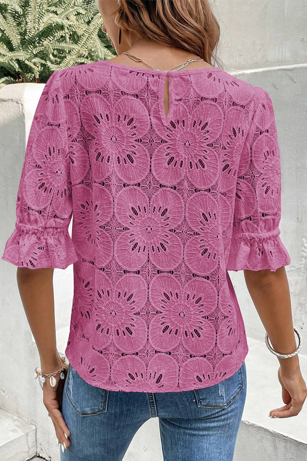 Round Neck Flounce Sleeve Blouse with Openwork.