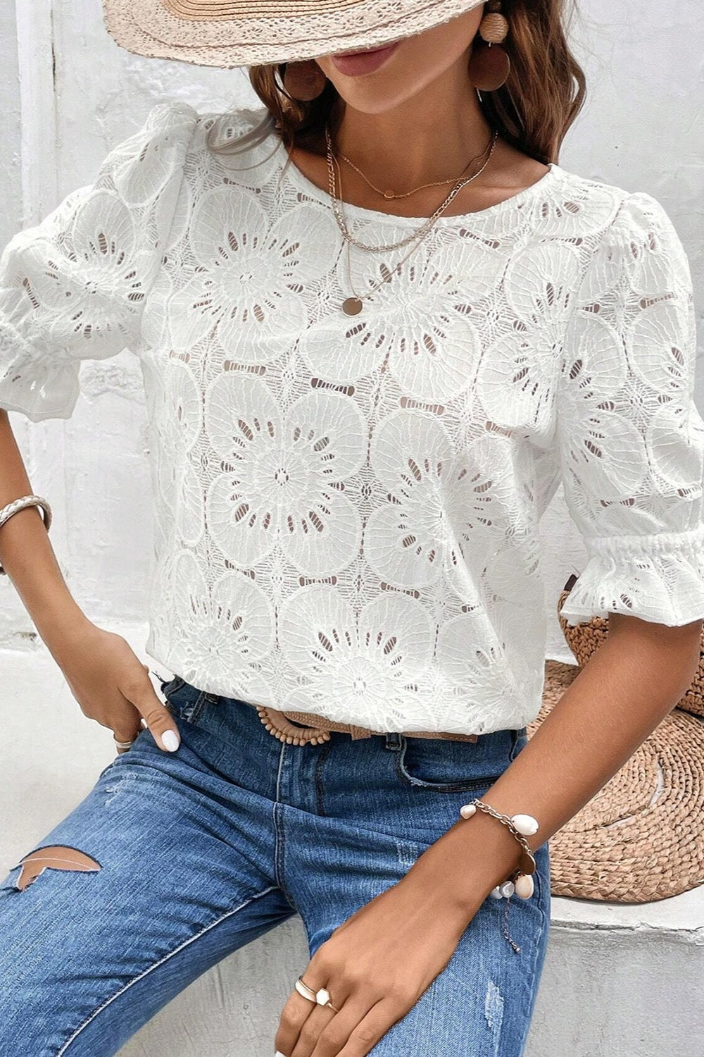 Round Neck Flounce Sleeve Blouse with Openwork.