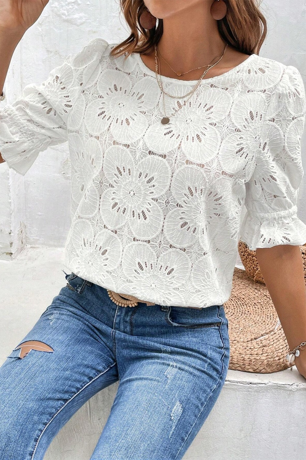 Round Neck Flounce Sleeve Blouse with Openwork.