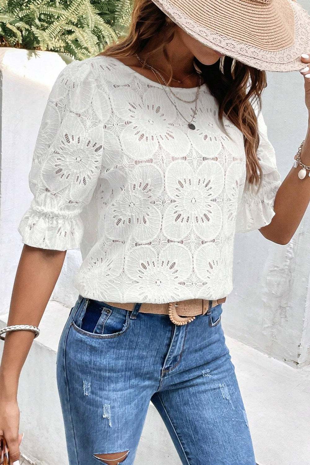 Round Neck Flounce Sleeve Blouse with Openwork.