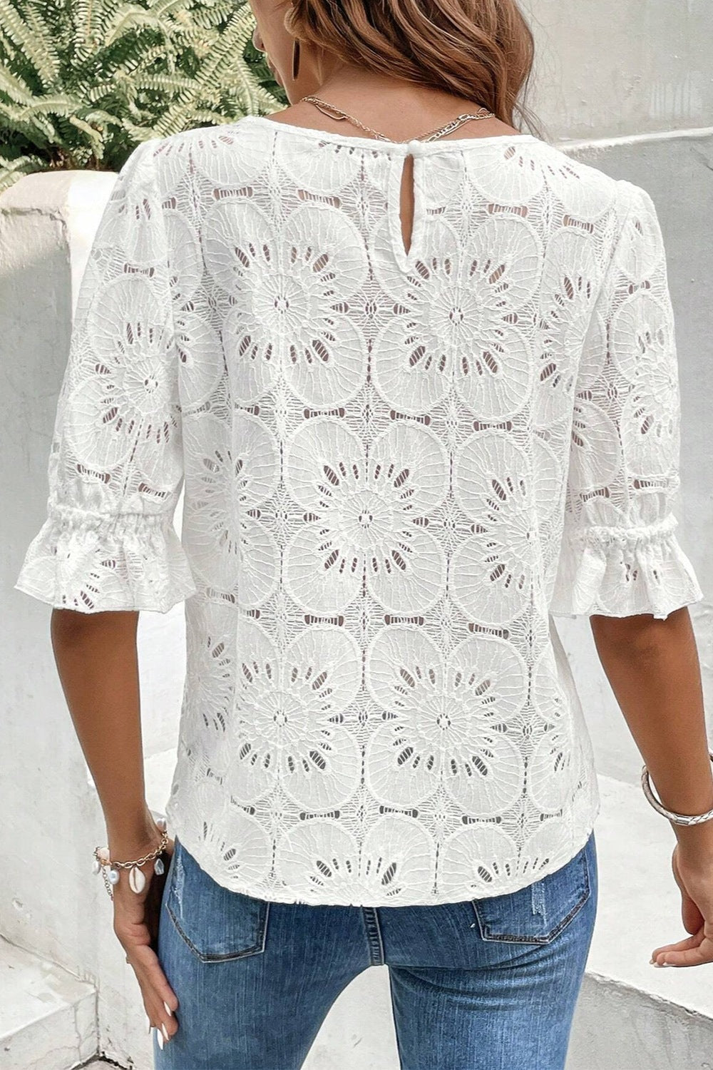 Round Neck Flounce Sleeve Blouse with Openwork.