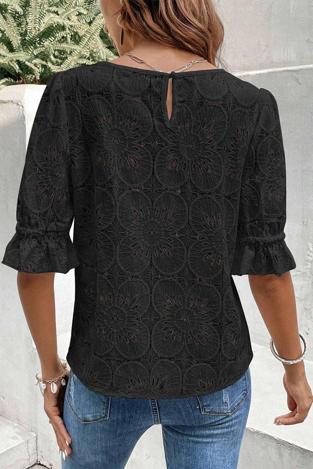 Round Neck Flounce Sleeve Blouse with Openwork.