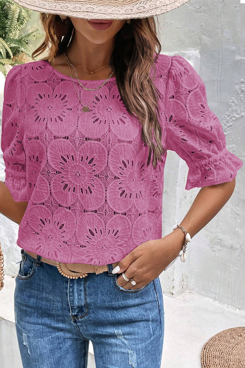 Round Neck Flounce Sleeve Blouse with Openwork.