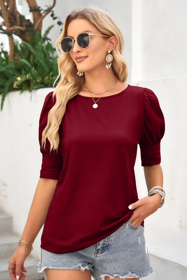 Round Neck Lantern Sleeve Blouse.
